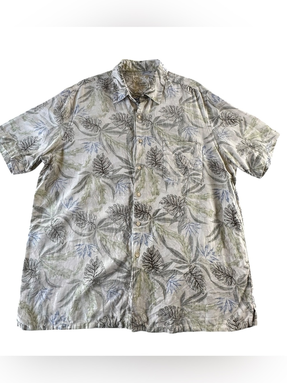 Tasso Elba Short-Sleeve Leaf Print Button-Up Shirt - Light Gray & Green XL